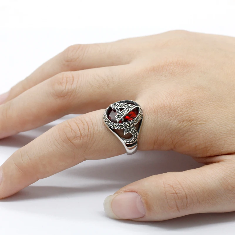 Wholesale 925 Sterling Silver Red Zircon Mosaic Stone Women Ring Letter A Rings for Woman Jewelry