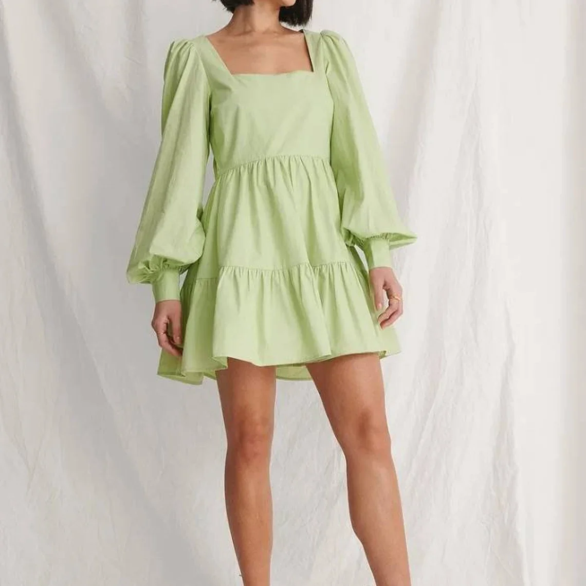 Customizable Version Of Balloon Sleeve Peplum Skirt Short Casual Cotton Mini Long Sleeve Dress