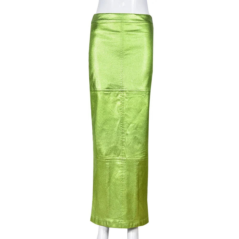 2024 New Arrival Summer Woman Glossy Color Waterproof Skirt Fashion High Waist Bodycon Skirt Stretch Split Long Skirt For Women