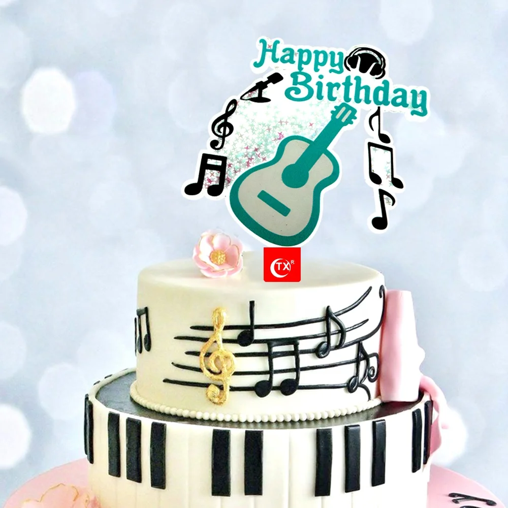 
TX Music Notes Guitar Rock and Roll Fans Happy Birthday Moving Quicksand Acrylic Cake Topper For Kids Party Decorations Supplier 