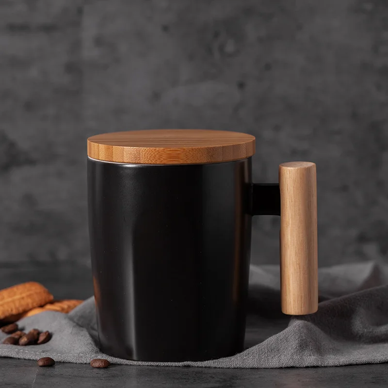 Wholesale 13oz Creative Gift Porcelain Tea Water Cup Custom Logo Printed Ceramic Coffee Mug With Wooden Handle And Lid