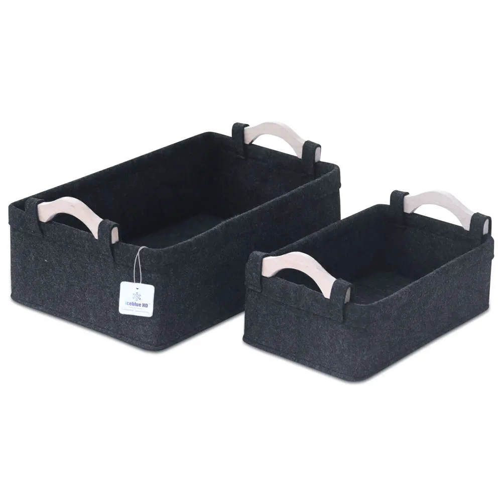 ICEBLUE HD Felt Storage Boxs Bins with Wooden Handles-Black