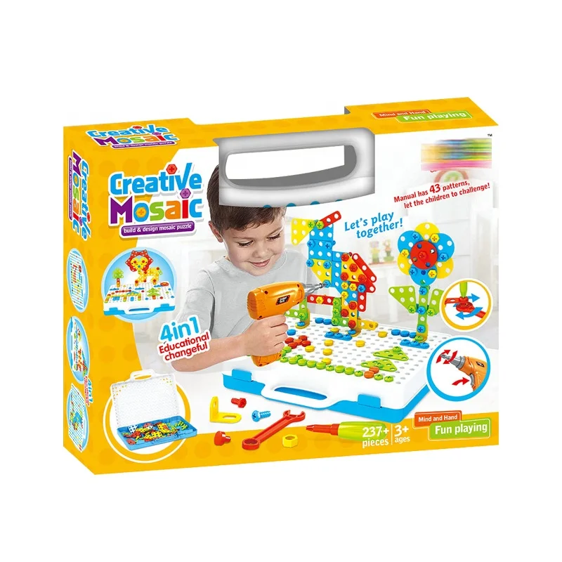 237PCS Kids Puzzle Toy DIY Electric Drill 3D Creative Mosaic Screw Puzzle Toys Assembly Tool Box Set