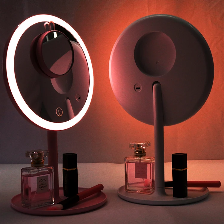 Portable round Desktop Makeup Vanity Mirror with LED Three-Color Lighting and Storage Tray Single Side Box Packing