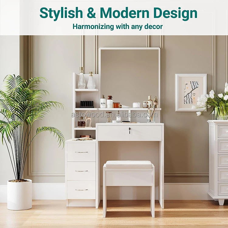 White Dressing Table Set with Mirror and Stool, 4 Drawers Vanity Table with Shelves for Girls Women Bedroom Makeup Desk