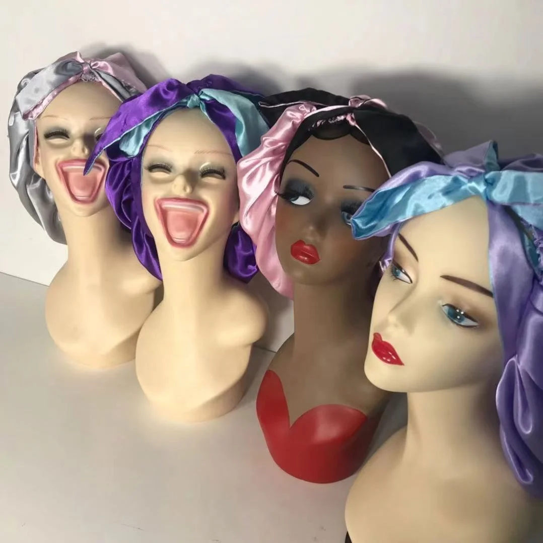 New Extra Large Satin Lined Bonnet With long band Women Big Size Print logo Satin Silk Bonnet Head Cover with Tie