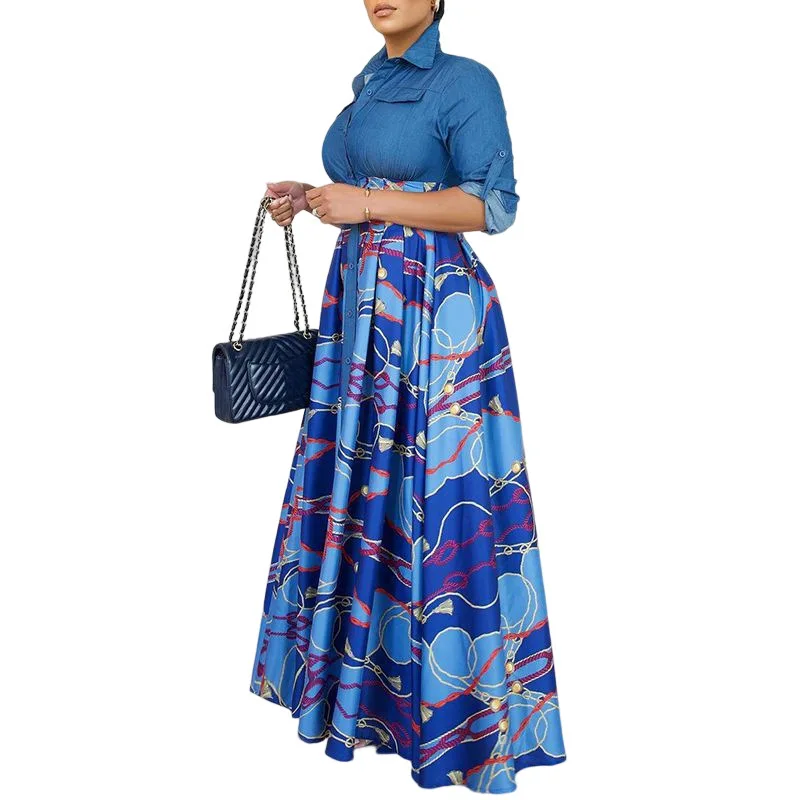 ZIYA A11L188 Factory Wholesale Print Blue Maxi Long Abya Dubai Woman Muslim Dress