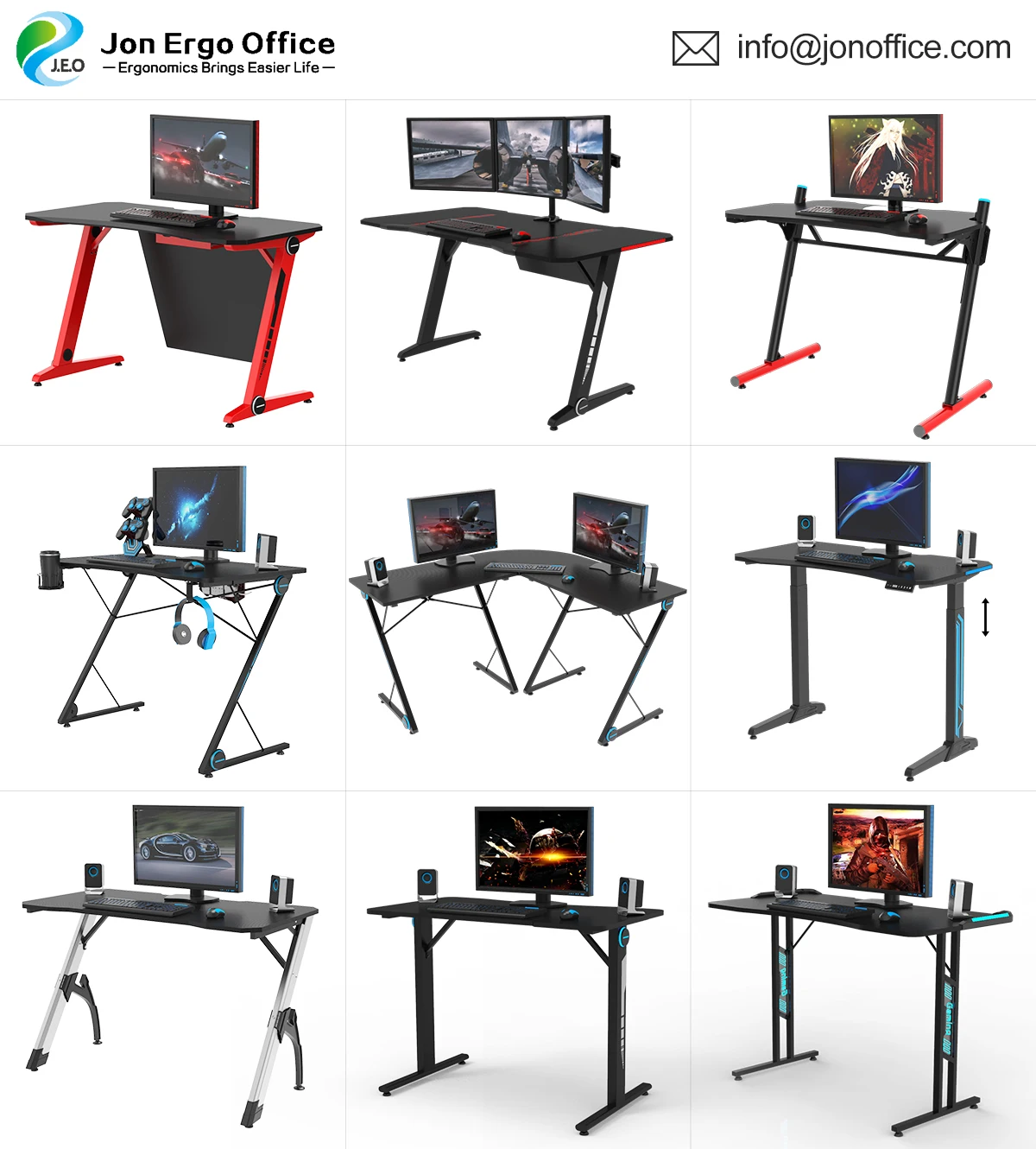 
computer pc gaming desk with RGB lights pc holder monitor stand headphone holder cup holder oem odm factory Jonoffice 