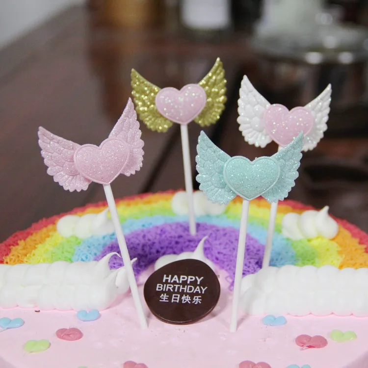 Wedding Party Baking Cake Shop Display Dessert Decoration Supplies Cute Angle Wings With Heart Cake Topper