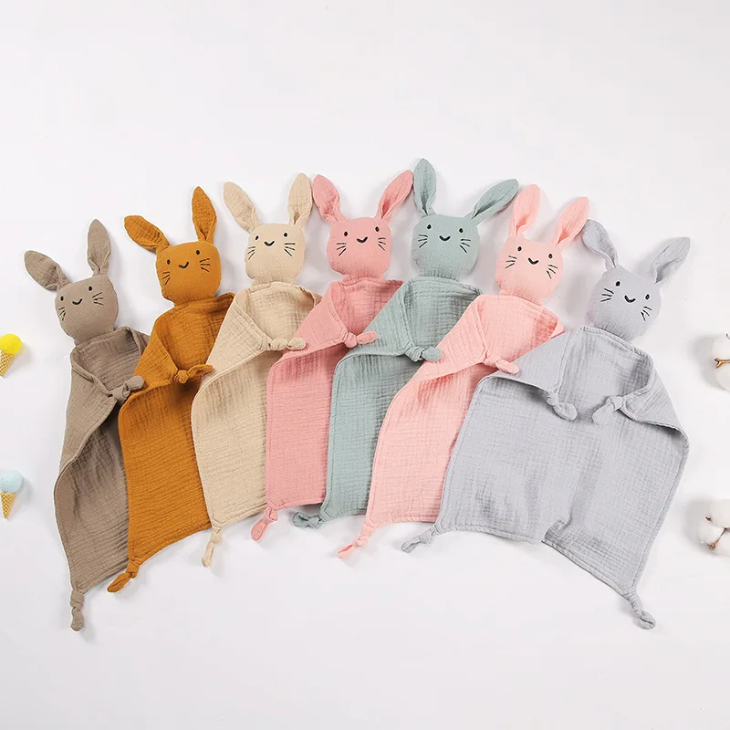 Hot selling cotton bunny blanket baby comfort toy solid color double layer muslim baby bunny security blanket newborn bib