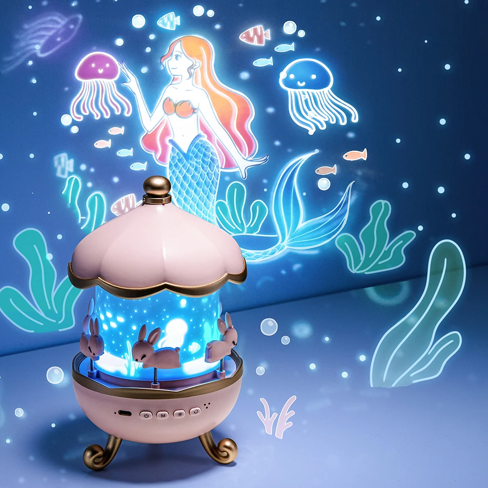 Colorful Changing Star Projection Cartoon Night Light Desk Lamp Rotating Rabbit Music Lamp Creative Starry Sky Projection Light