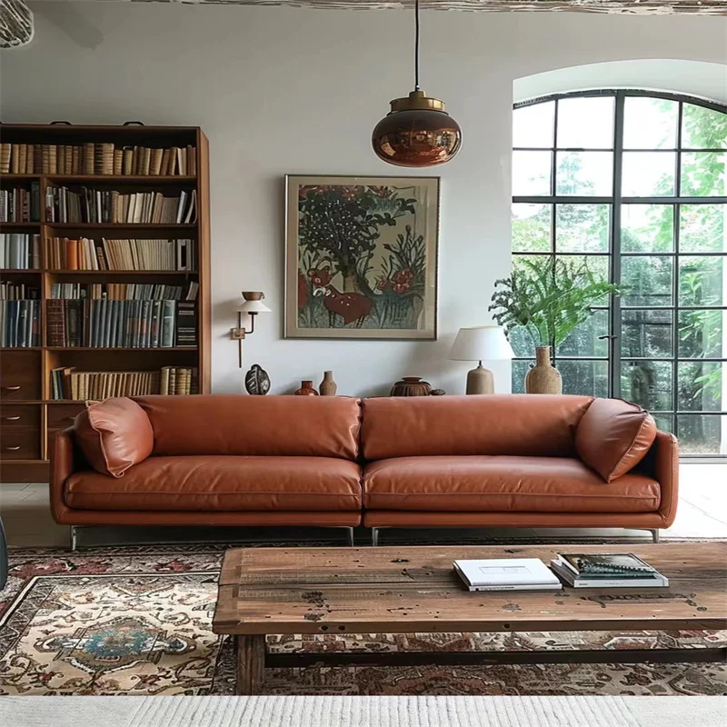 American Classical Vintage 3 Seater Sofa Brown Genuine Leather Sectional Modern Couch Set for home Living Room Sofas furniture