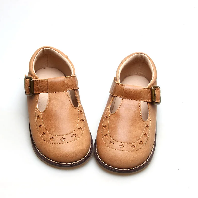 Genuine Wax Leather Customize Color Kids Tbar Strap Shoes Mary Jane Shoes With Star
