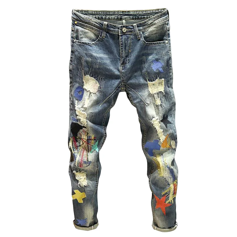Мужские стильные зауженные джинсы с татуировкой в Корейском стиле модные тренды