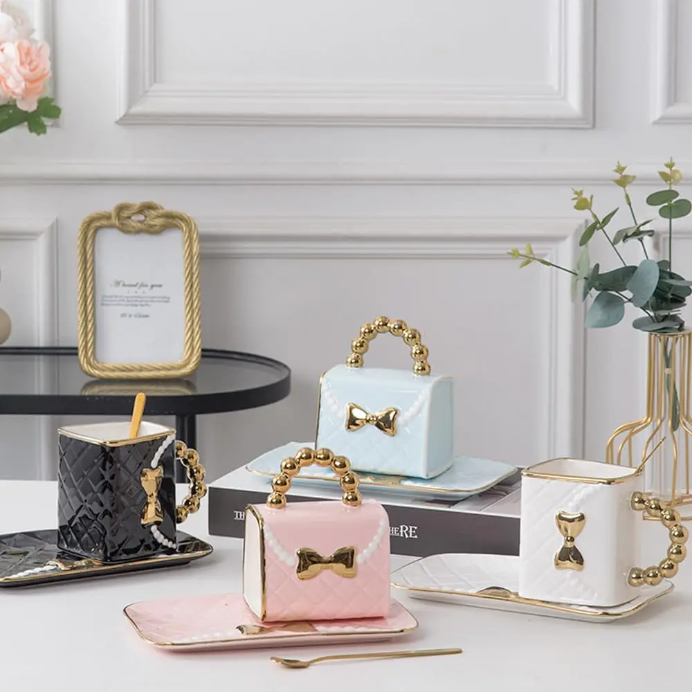 10 Oz 310 ML 4 Style Creative Handbag Shaped Mug Classic Coffee Mug Handbag Shaped Ceramic Tea Cup with Saucer Spoon