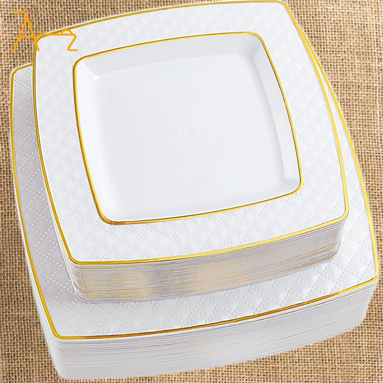 Manufacturer Customize High Quality Disposable Plastic Dinner Plates Eco Friendly Gold Square Plastic Dinnerware Set