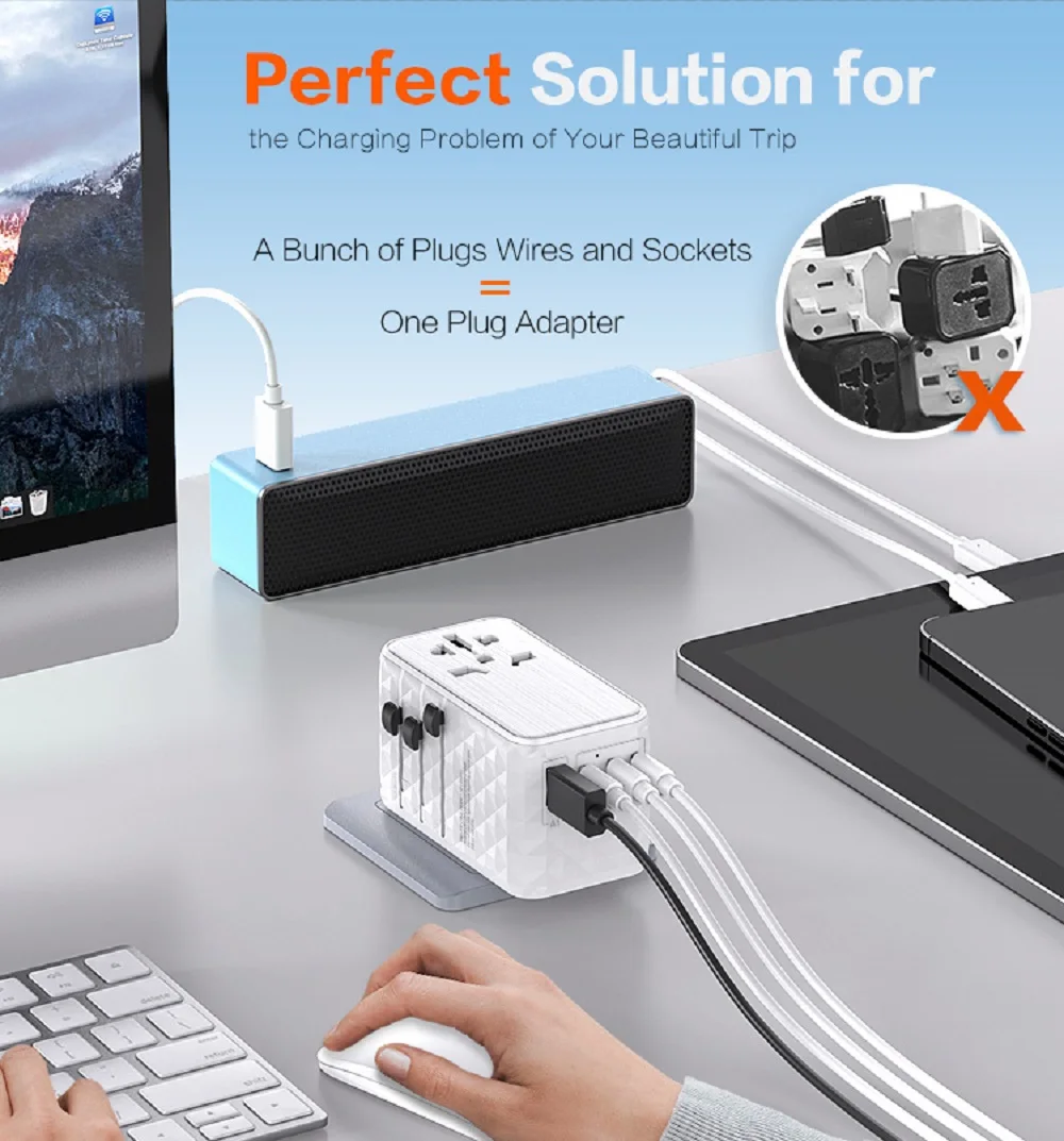 USB Charger 3 USBC Port 100W Gan PD Universal Travel Plug Adapter travel adapte