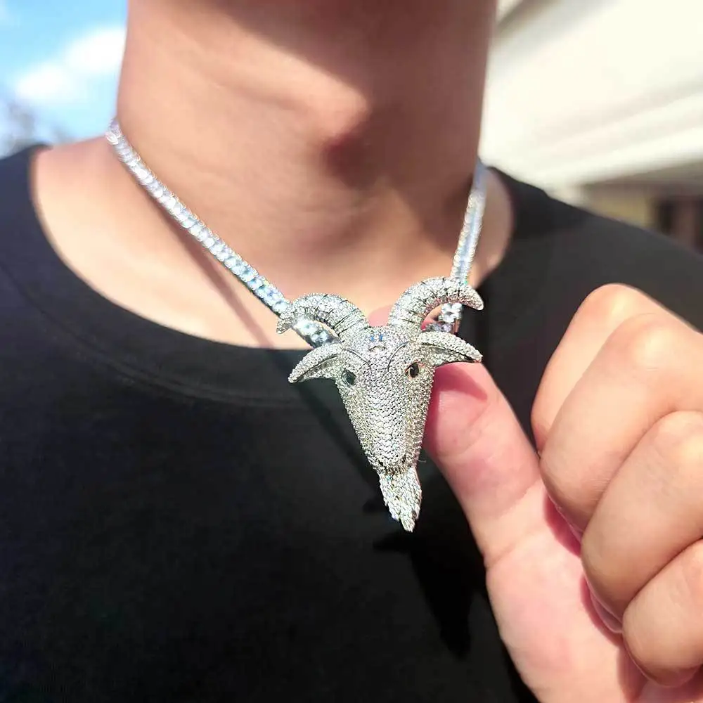 New Hip Hop Rapper Ice Out Diamond Jewelry Goat Head Pendant Animal Necklace Male and Female Charm