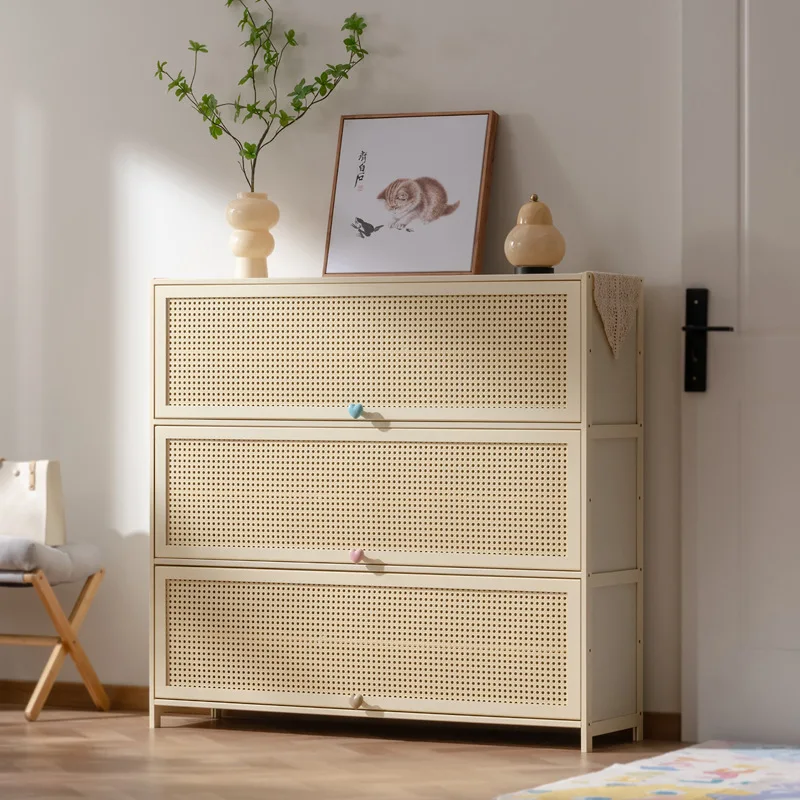 Fashion bamboo frame wooden board living room dining room furniture 30 pairs large volume fabric rattan shoes rack cabinets