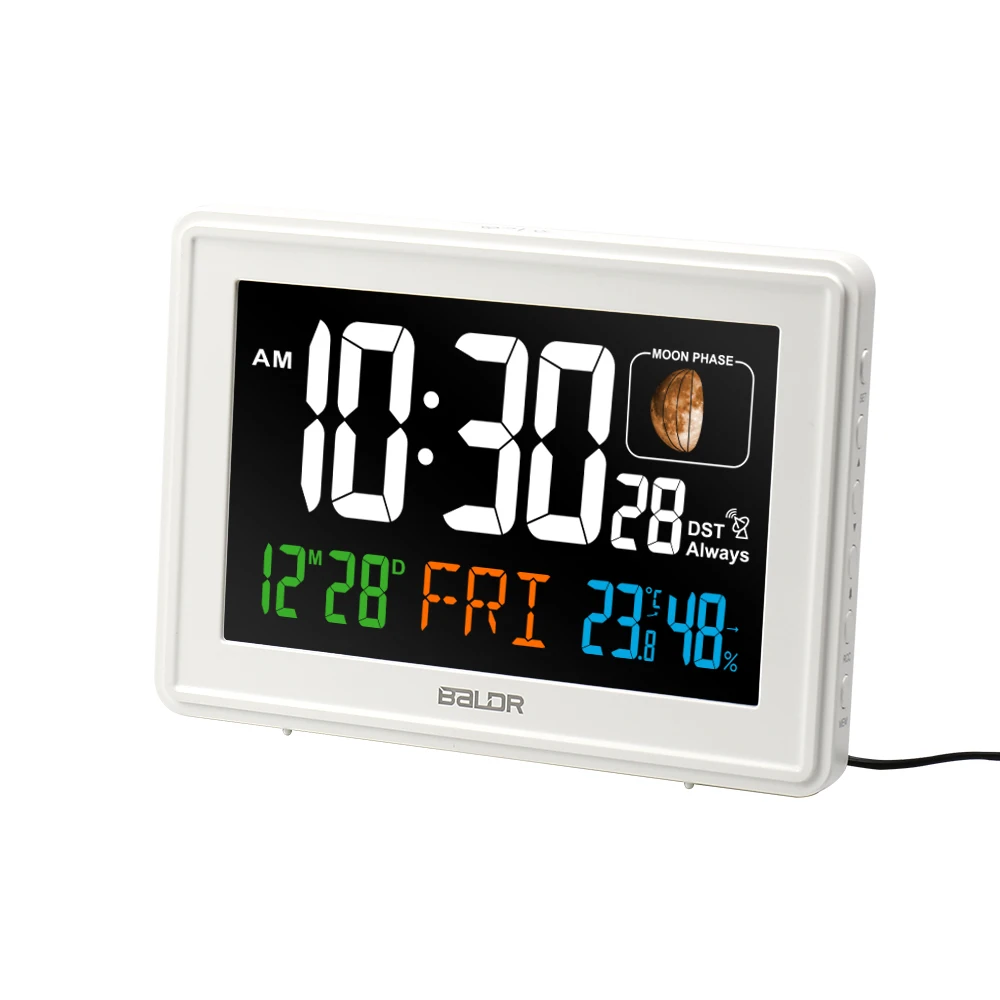Hot Sale Factory Direct Price White Light Alarm Clock EU/US plug RCC Indoor Thermometer Hygrometer Moon Phase Table Wall Clocks