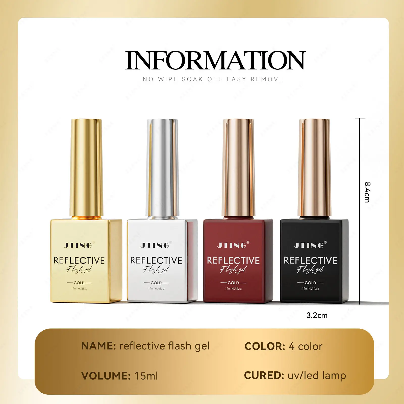 Neutral Nail Polish  Lacquer JTING Black Red Gold Silver Reflective flash gel polish Classic 4Colors reflective gel nail polish