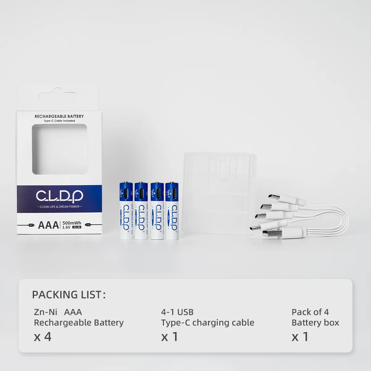 CLDP brand 4pcs per pack No.7 1.6v 500mWh Zinc-Nickel usb aaa rechargeable batteries for wholesale