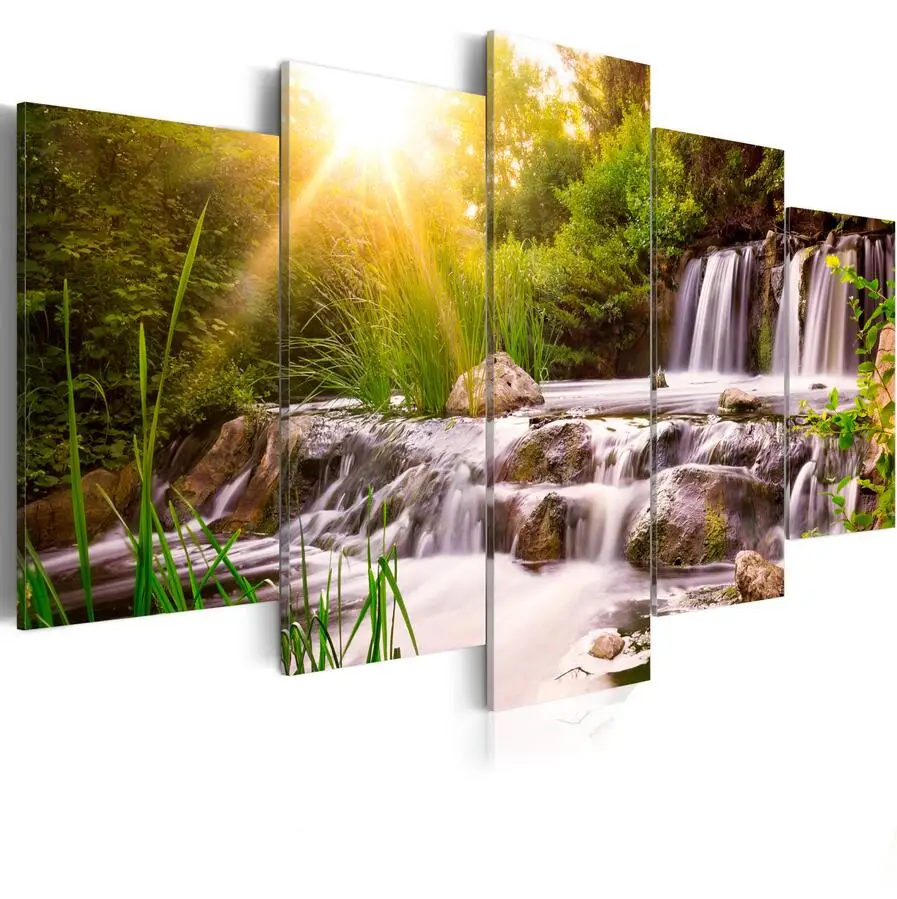 Canvas Print Modern Nature Forest Waterfall Landscape Sunrise Trees Picture on Canvas for Home Decoration