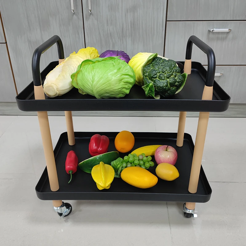 Fashionable 2-tier kitchen stand plastic storage rolling cart trolley bathroom organizers with utility handle home and kitchen