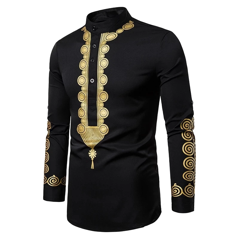 
Men Cotton Polyester African Printing Long Sleeve Stand Collar Dashiki Mens Shirts 