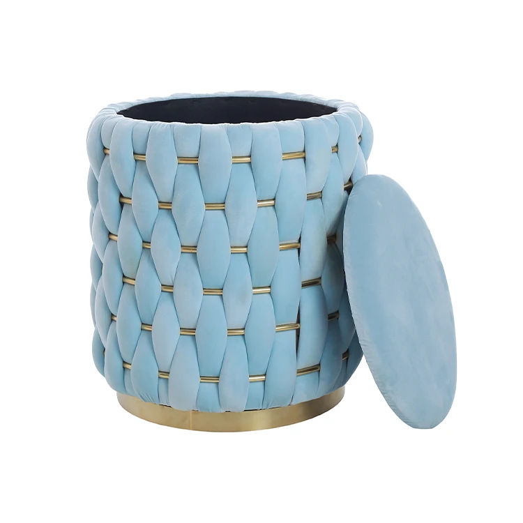 
Hot selling Nordic Round seated velvet gold metal base Storage Ottoman stool 