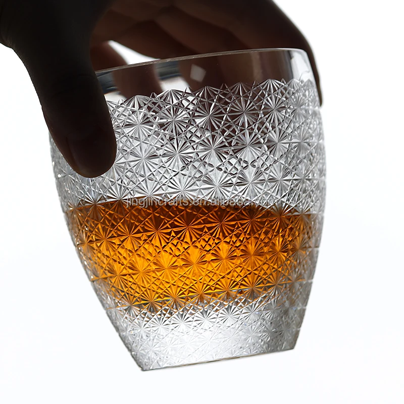 Barrel shape 8.5 oz Whiskey glass  K9 crystal glass tumbler Japanese chrysanthemum design glass tumbler for gift wedding hotel