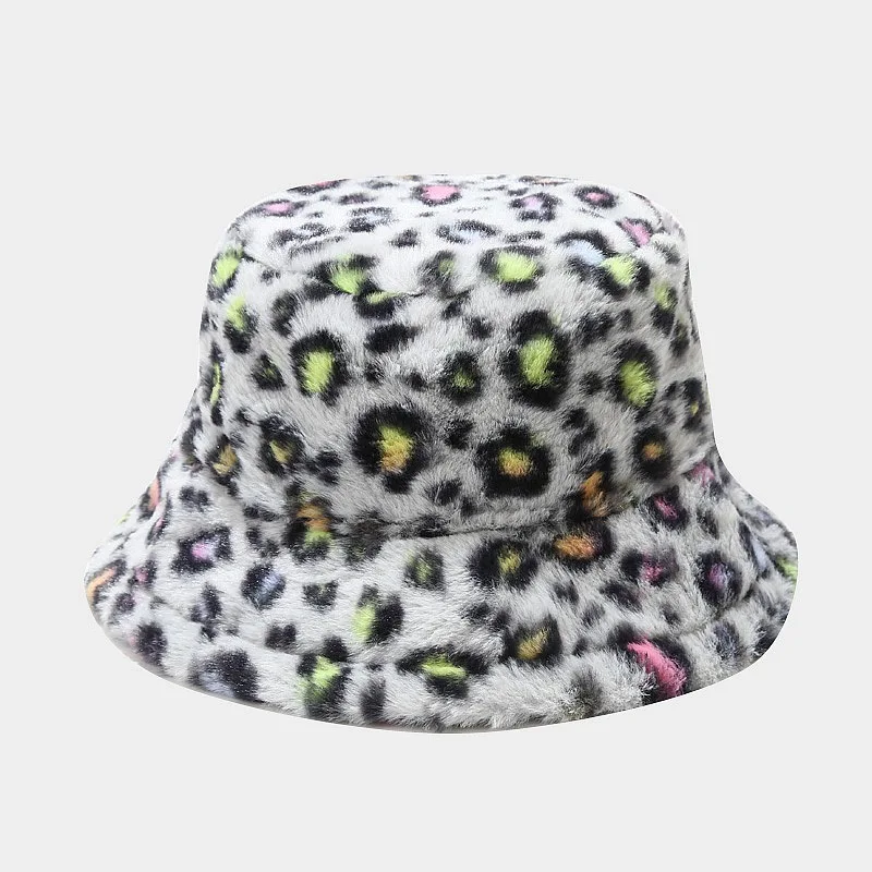 Wholesale Fashion Leopard Printed Pattern Warm Winter Faux Fur Furry Bucket Hat Fluffy Plush Fisherman Cap