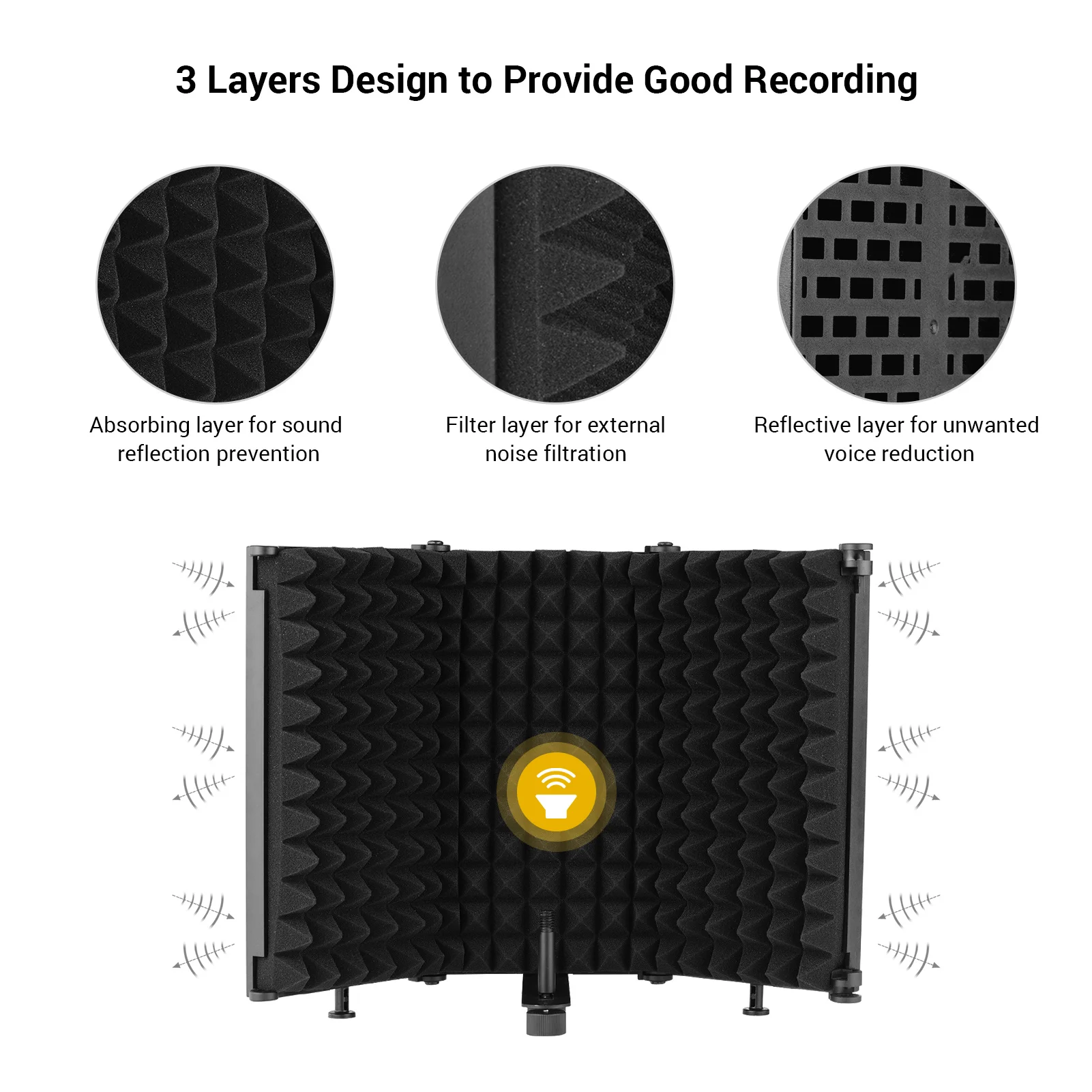 3 Panel Microphone Isolation Shield Portable Tabletop Absorbing Reflection Filter Soundproof Foam Studio