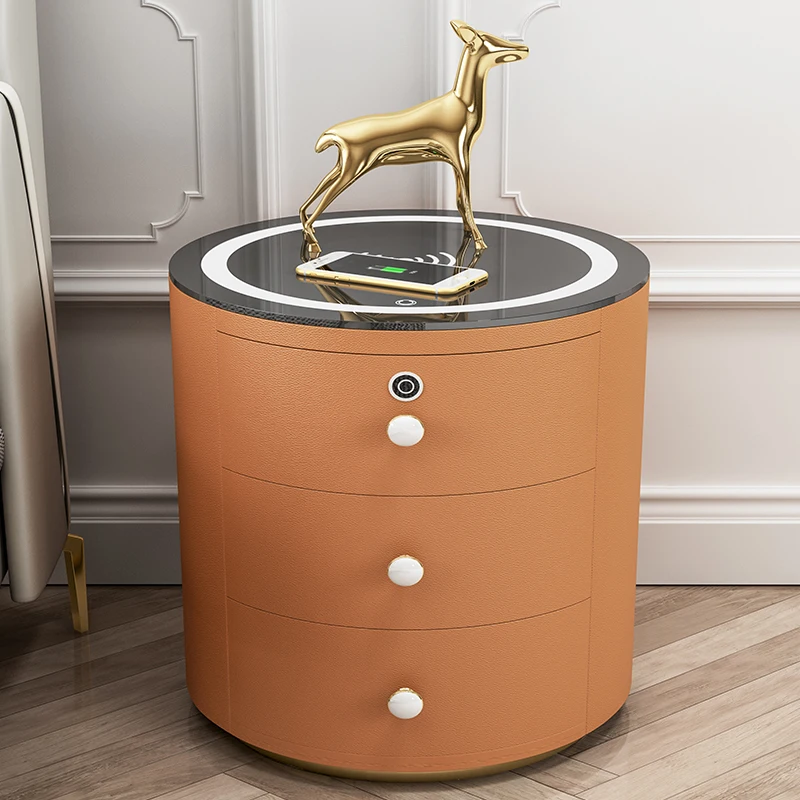 Modern Wooden Side Nightstand Table Organizer Wireless Charger Round Bedside Table Furniture Mesilla de noche Smart Nightstand