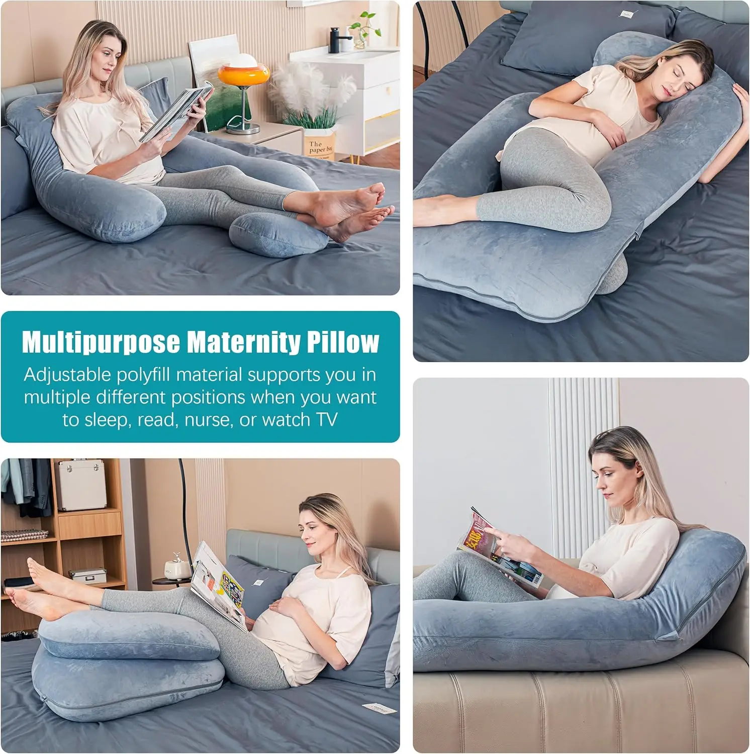 57 Inch Grey Pregnancy Pillows Soft U-Shape Maternity Pillow with Removable Cover Full Body Pillows for Adults Sleeping