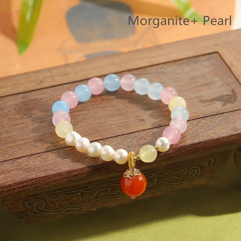 High Quality  Pink Beryl Natural Morganite Stone Bracelet Pearl Bangles For Women Men