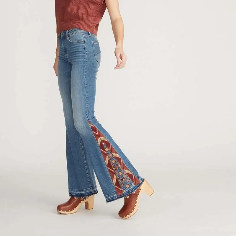 new design high waisted quality denim distressed blue color baggy bellbottom flared   custom women embroidery jeans