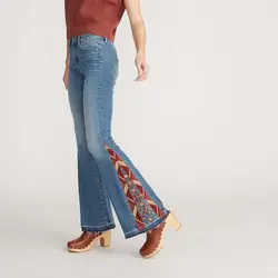 new design high waisted quality denim distressed blue color baggy bellbottom flared   custom women embroidery jeans