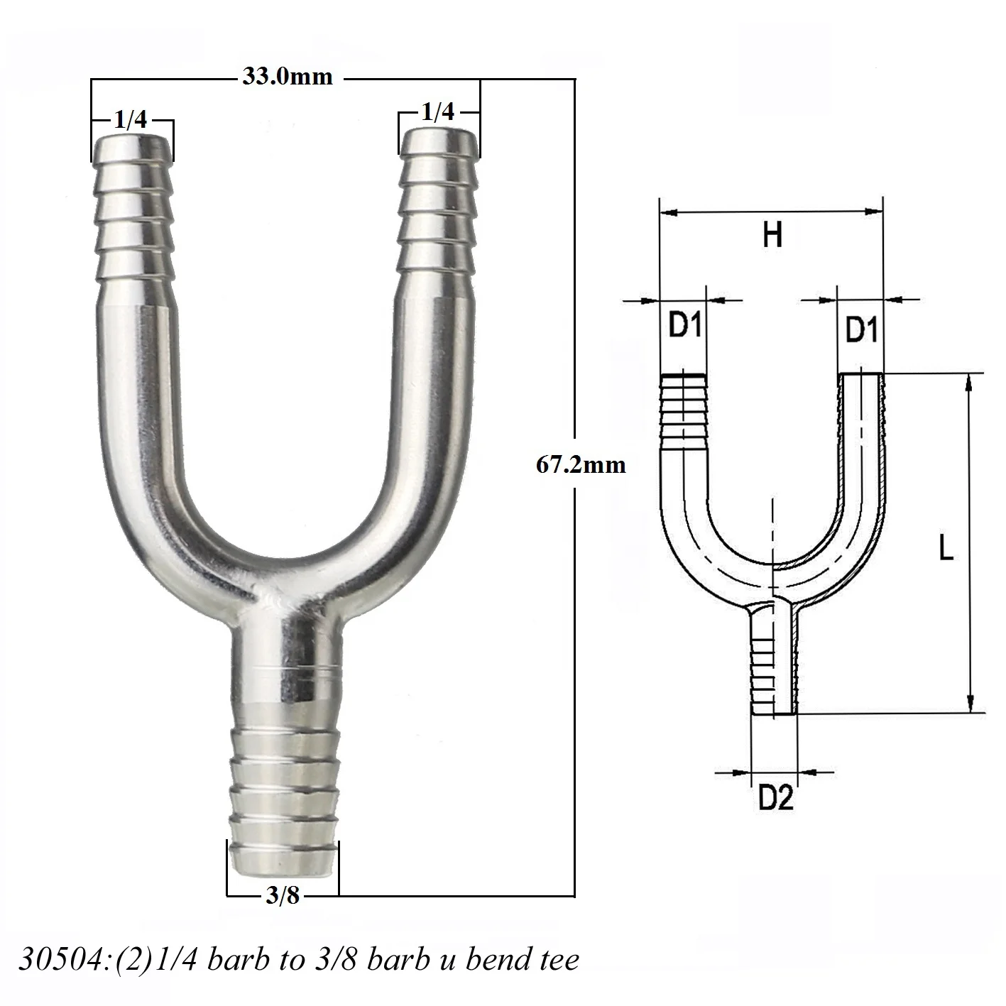 304 Combination Stainless Steel Beverage Fitting U Pipe Hose Splicer Equal Shape 1/4 Barb