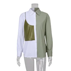 Designer fashion women custom logo shirt blouses collared white green loose causal PU long sleeve oversized two tone blouse
