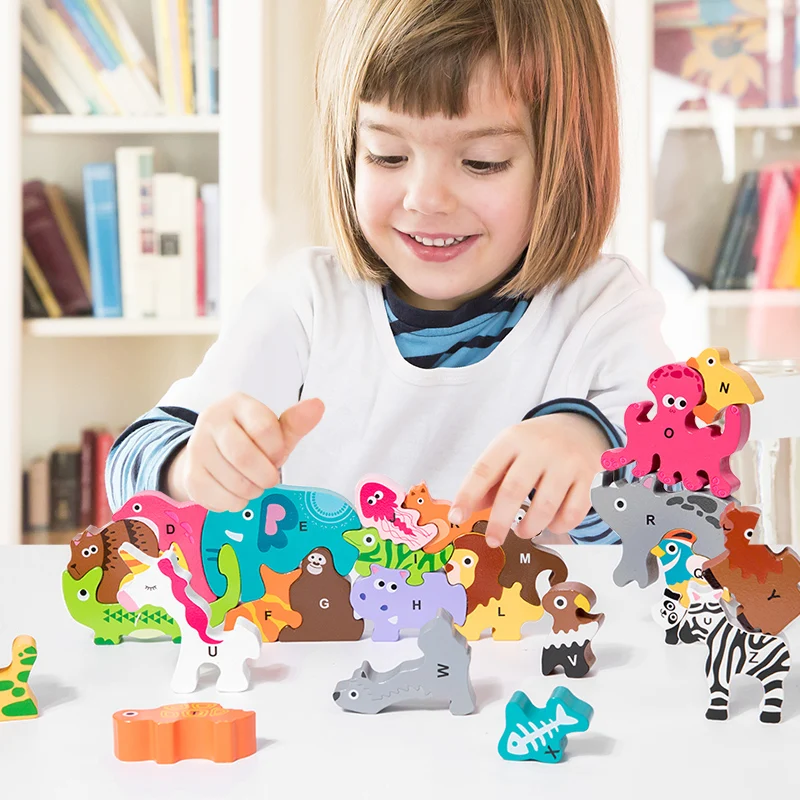 Wooden Cartoon Building Blocks Educational Children Play Shape Matching Toy Letter Blocks Puzzles
