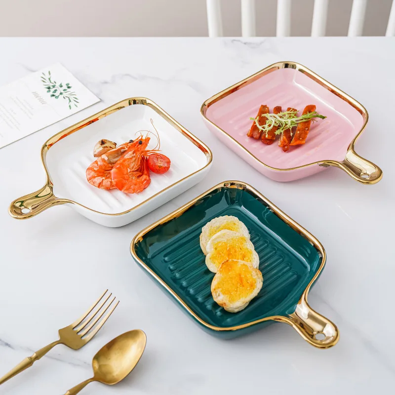 AL Nordic Simple Style Pure Color Coloured Glaze Single Handle Golden Rim Steak Ceramic Baking Dish