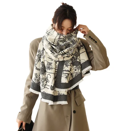 Autumn and winter new printed warm scarf female double-sided imitation cashmere thickened air conditioning shawl student bib