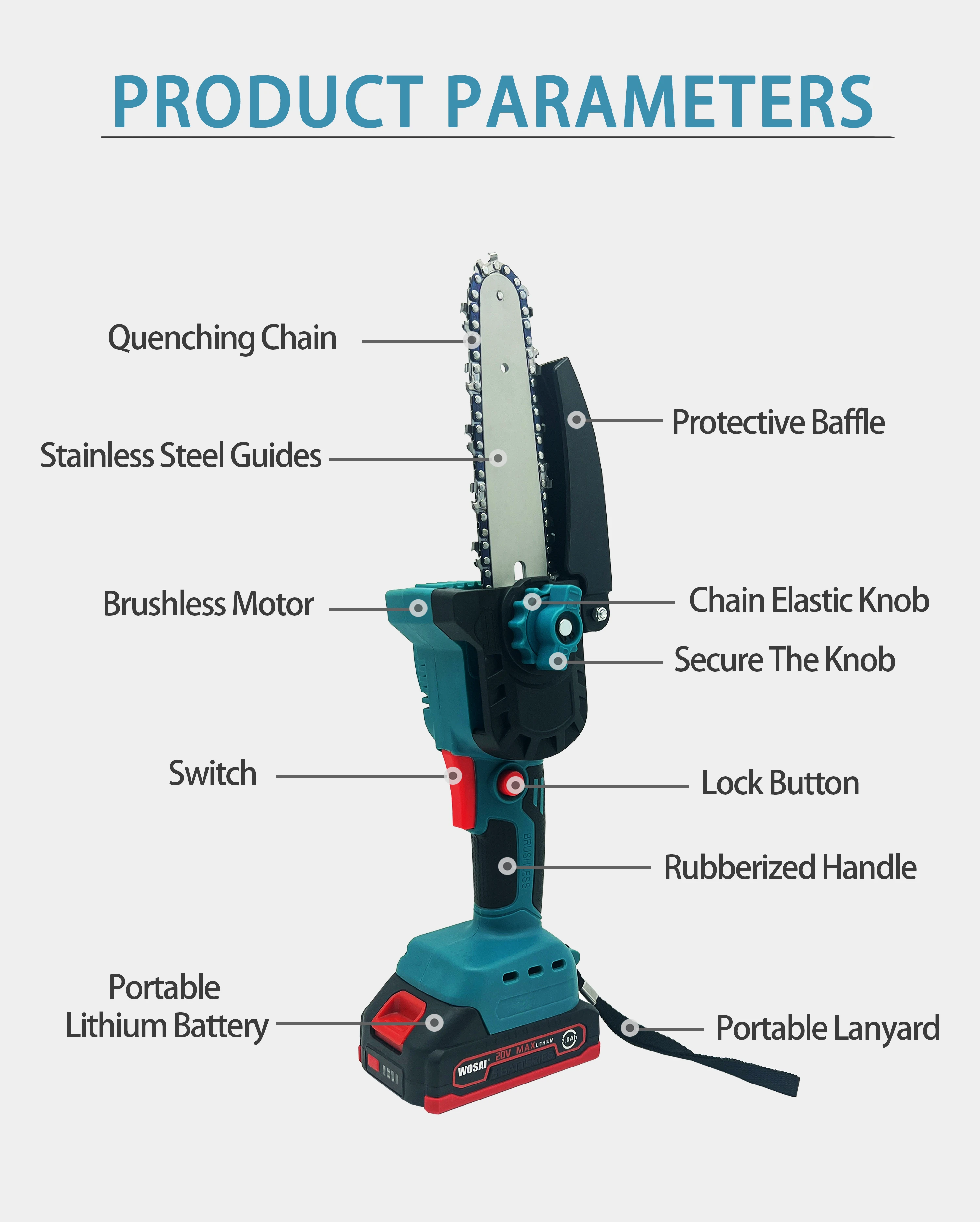 WOSAI CHINA 20V 2.6M Reach Pole Chainsaw Brushless Cordless Lithium Battery Garden Tool Chainsaw