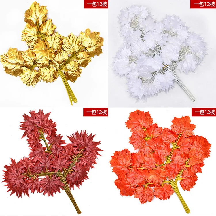 Wholesale silk artifical fall leaf plastic stem green white yellow red gold silver leave decor artificial maple leaves for wall