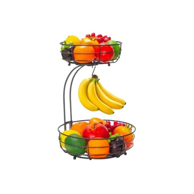 Modern style upper and lower 2 layers metal fruit basket with banana hook