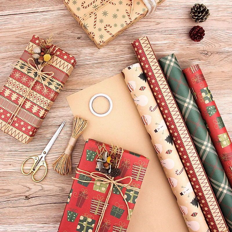 Custom Logo Printed Christmas Style Kraft Paper Gift Roll Durable Virgin Pulp Wrapping Paper Packaging