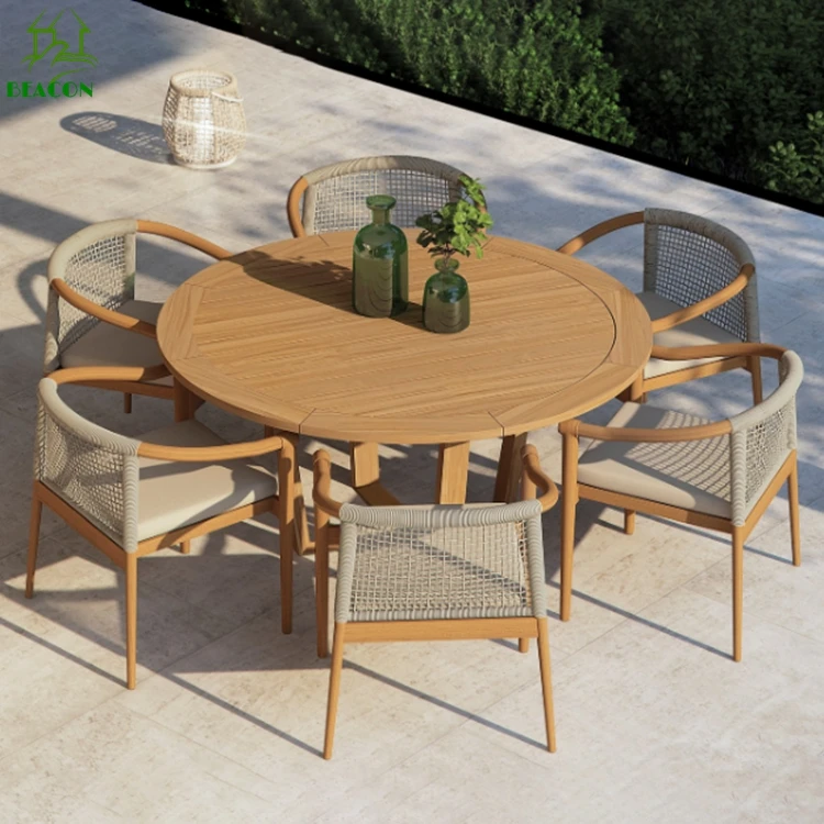 Patio Teak Round Dining Table Set Wooden Modern Luxury Waterproof Garden Furniture 6 Seater  Set Dinning Table And Chair