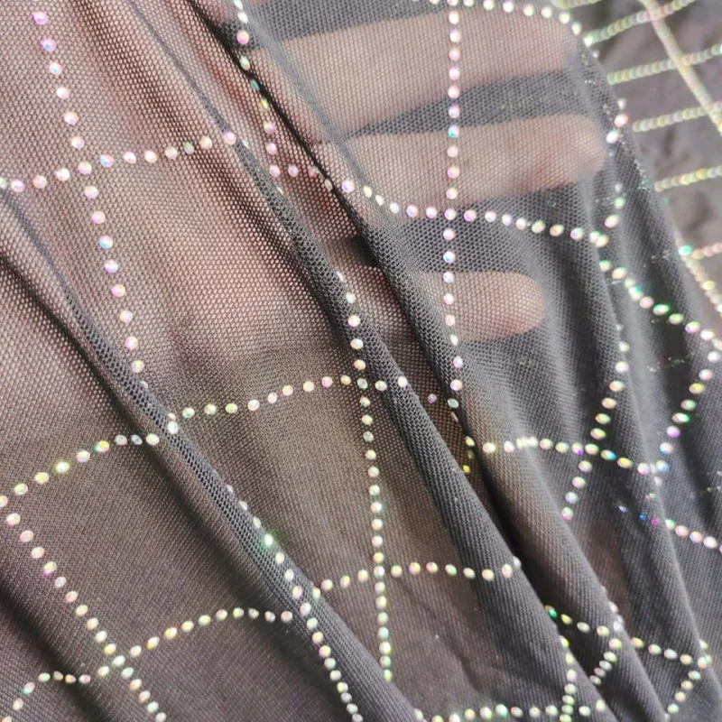 Soft Elastic Mesh Fabric  Spliced Black AB Color Diamond Rhinestone Fabric Rhomboid Network Fishnet Cloth