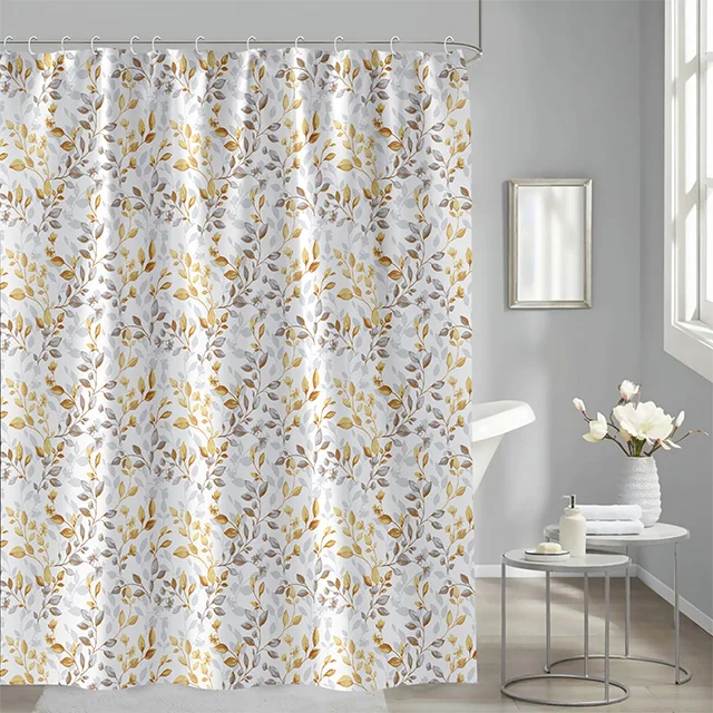 Scenery leaf Printed shower curtain polyester yellow shower curtain with 12 good hooks